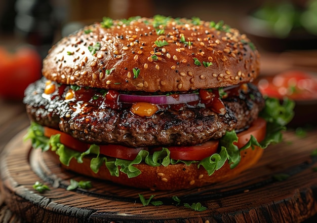 Delicious and appetizing burgers on wood used for cutting beef on a wooden table