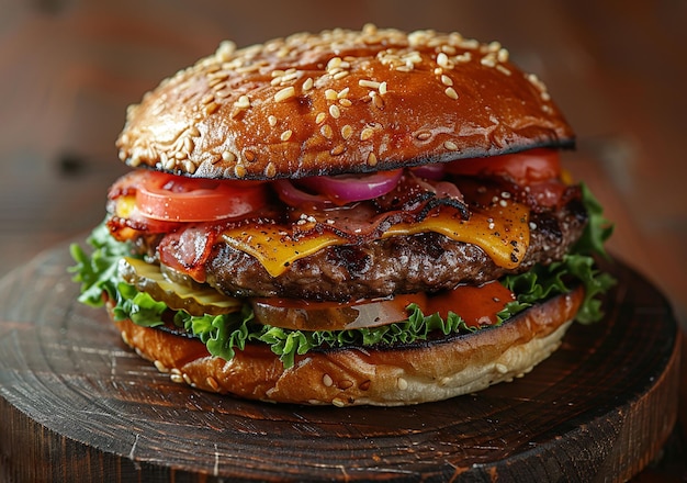 Delicious and appetizing burgers on wood used for cutting beef on a wooden table