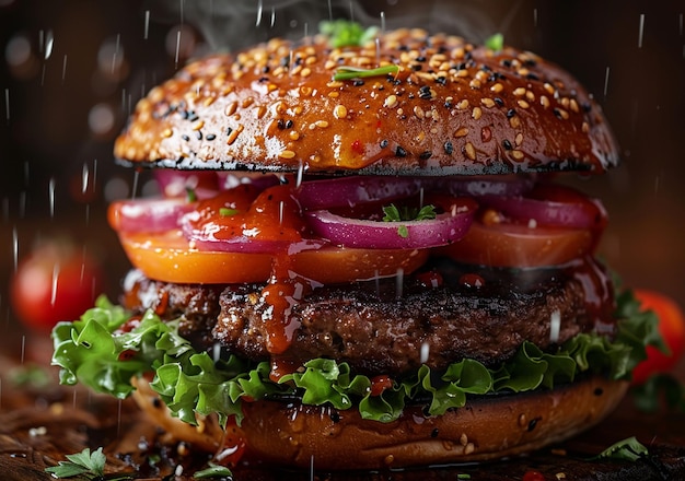 Delicious and appetizing burgers on wood used for cutting beef on a wooden table