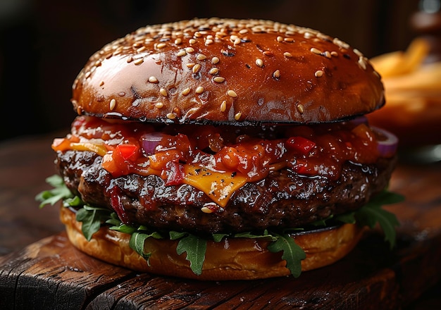 Delicious and appetizing burgers on wood used for cutting beef on a wooden table