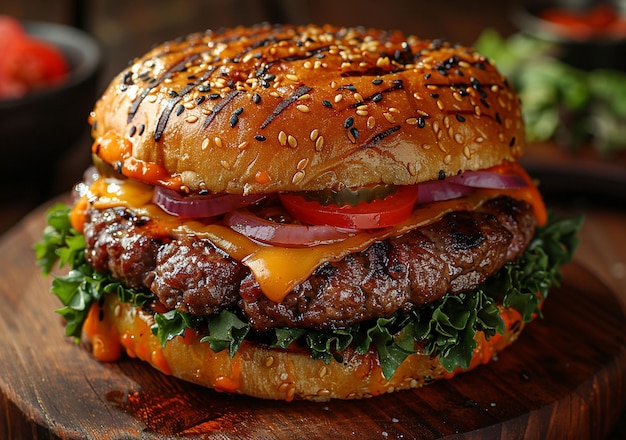 Delicious and appetizing burgers on wood used for cutting beef on a wooden table