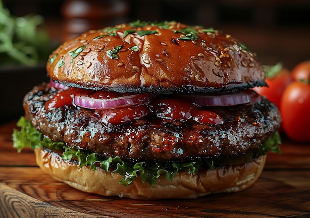 Delicious and appetizing burgers on wood used for cutting beef on a wooden table