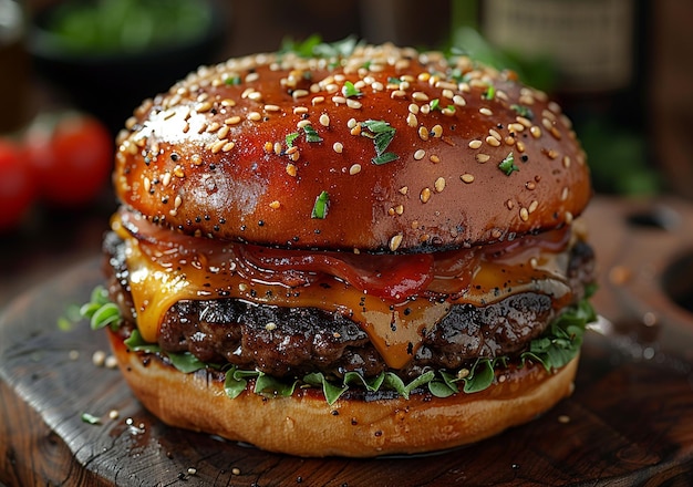 Delicious and appetizing burgers on wood used for cutting beef on a wooden table