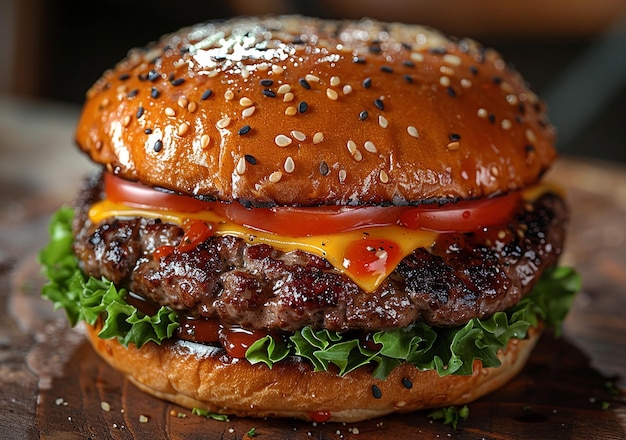 Delicious and appetizing burgers on wood used for cutting beef on a wooden table