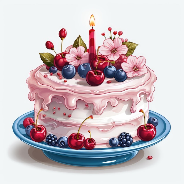 Delicious appetizing cake with pink icing fresh berries and airy cream