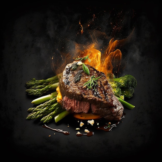 Delicious appetizing fresh fried beef steak with asparagus isolated on black, for restaurantes