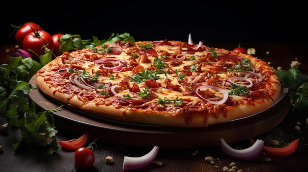 Delicious appetizing pizza with cheese on table in pizzeria closeup