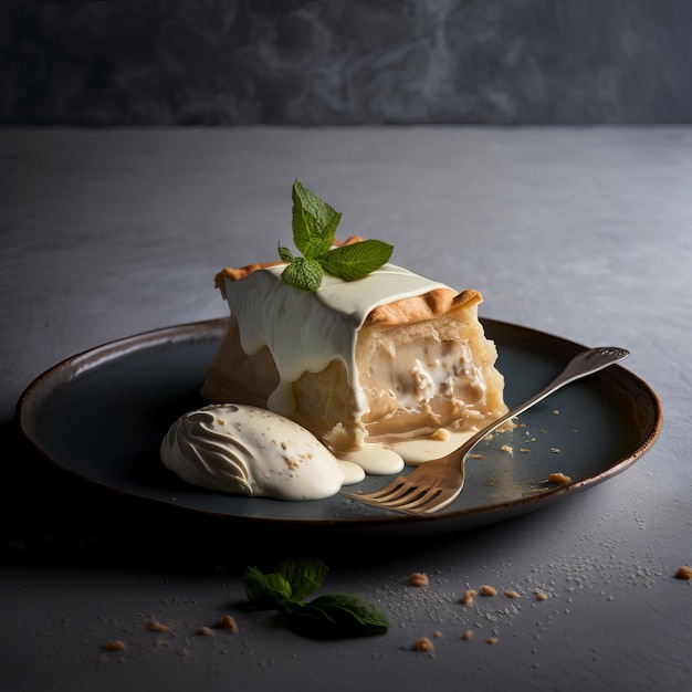 Photo delicious apple strudel with sweet cream on dark background