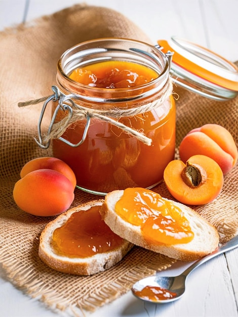 Delicious apricot jam in a clear glass jar and slices of bread with jam on a wooden table