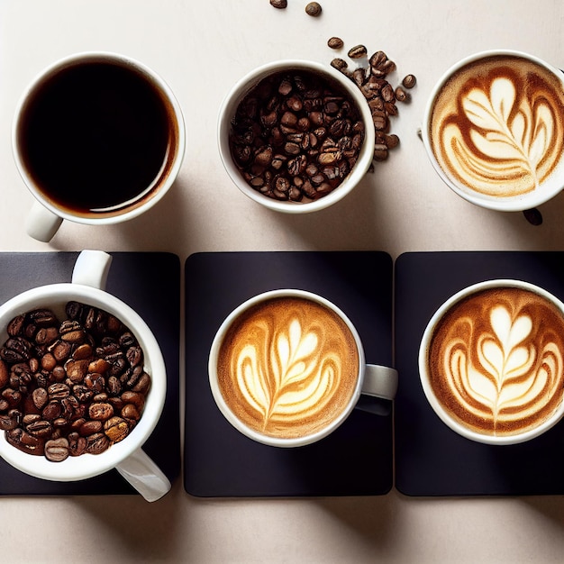 Delicious and aromatic coffee set with milk on black and white background