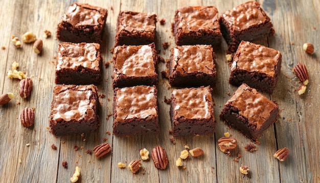 A delicious arrangement of chocolate brownies on a wooden surface surrounded by nuts for a tempting dessert display