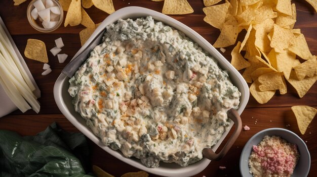 Delicious Artichoke spinach dip in a baking dish