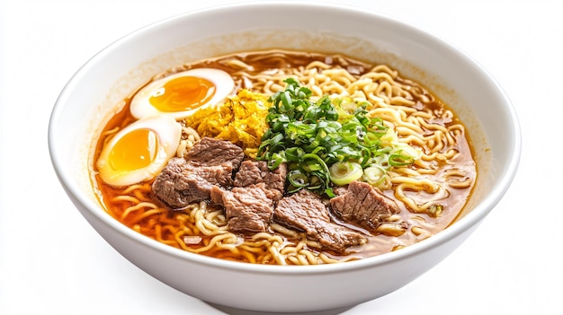 Delicious Asian Beef Ramen Noodles Soup on White Background