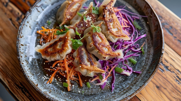 Delicious Asian Dumplings with Salad and Sesame Seeds