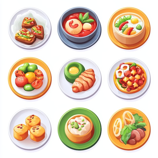 Photo delicious asian food dishes set of cartoon plates