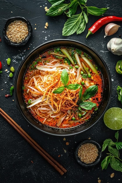 Delicious Asian Noodle Soup with Crispy Garnish and Fresh Herbs