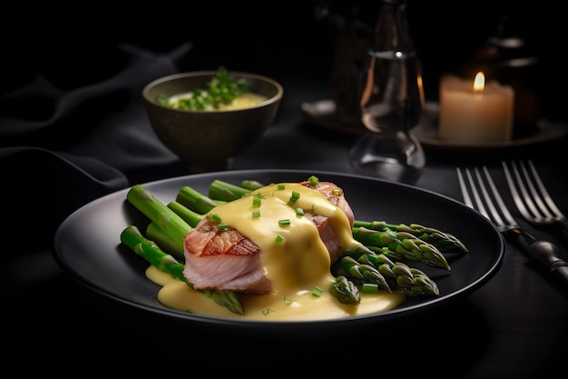 Delicious asparagus dish with ham and hollandaise sauce on a plate dark background AI generated