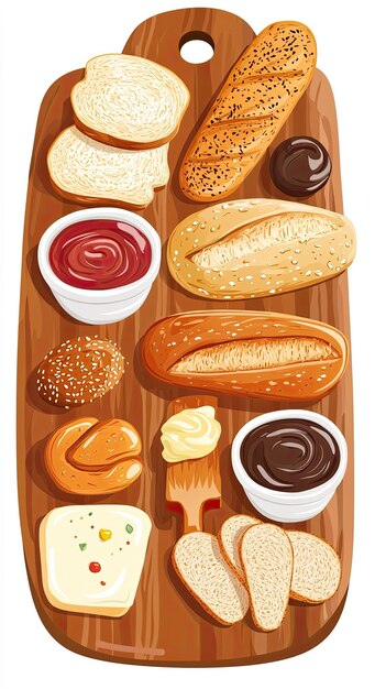 Photo delicious assorted breads and spreads on wooden board