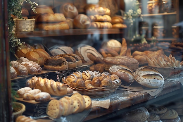 Delicious assorted pastry and bread arranged on tray selling at bakery shop fresh sweet pastry and baked bread in a bakery window display