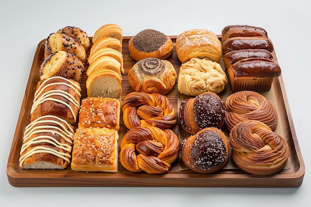 Delicious assorted pastry and bread arranged on tray selling at bakery shop fresh sweet pastry and baked bread in a bakery