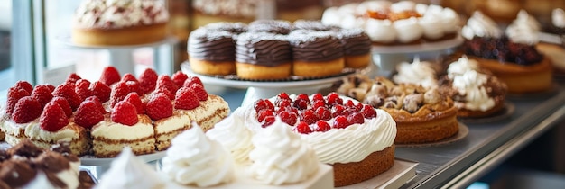 Delicious Assortment of Cakes and Pastries in a Bakery Display A tempting display of various