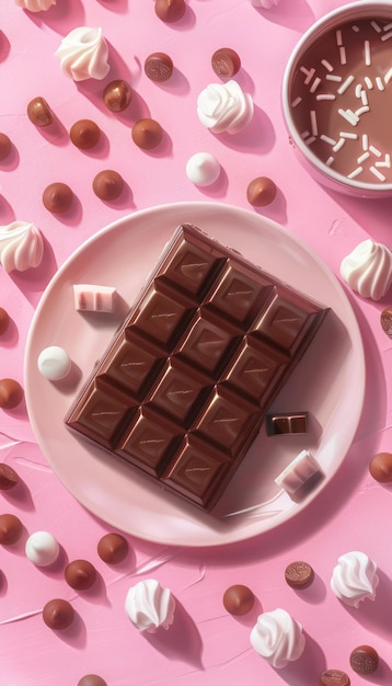 Delicious Assortment of Chocolate Delights and Sweets on a Pink Background with Marshmallows and