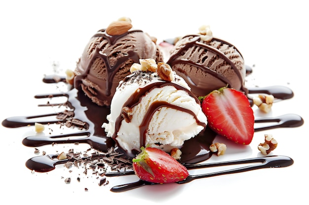 Delicious Assortment of Chocolate Vanilla and Strawberry Ice Cream Scoops with Chocolate and Rasp