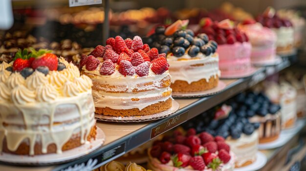 A delicious assortment of fresh berry cakes displayed in a bakery showcasing various flavors and decorative designs