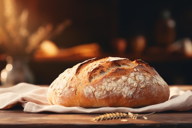 Delicious assortment of freshly baked bread on a rustic wooden table with ample copy space for text