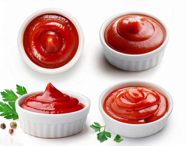 Delicious assortment of tomato ketchups in white ramekins