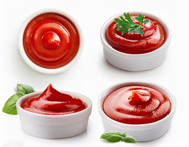 Photo delicious assortment of tomato ketchups in white ramekins