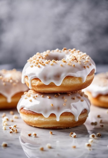 Photo a delicious assortment of vanilla donuts topped with creamy icing and colorful sprinkles showcasing their appealing texture and sweetness in a warm cafe setting white icing on buns generative ai