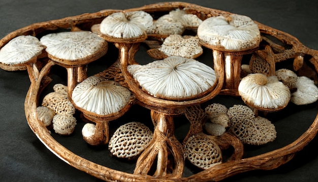 Delicious autumn mushrooms on a wooden table Generative Ai