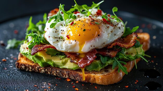 Photo delicious avocado toast with poached egg and bacon