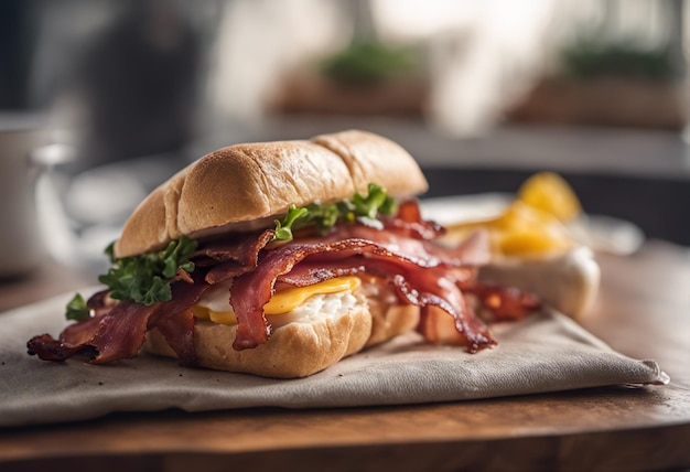 Delicious bacon and egg sandwich on a rustic wooden board