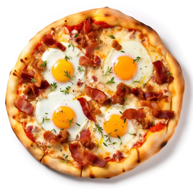 Photo delicious bacon and eggs cracked pizza isolated on white background