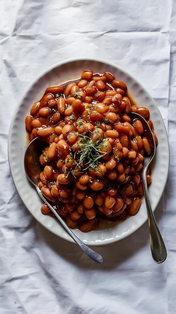 Photo delicious baked beans on plate isolated white background