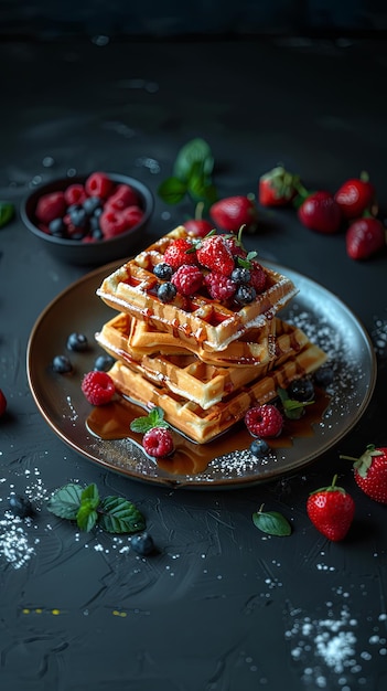 Delicious baked belgian waffles with berries and fruit on a plate