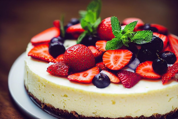 Delicious baked dessert with fresh blueberries strawberries in form of decoration