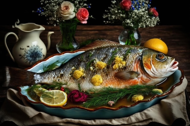 Delicious baked fish on a dish at a table up close