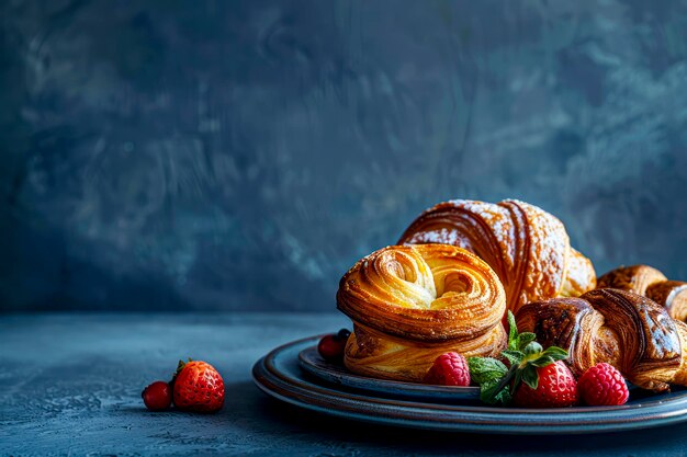 Photo delicious baked goods a stylish still life on dark blue background