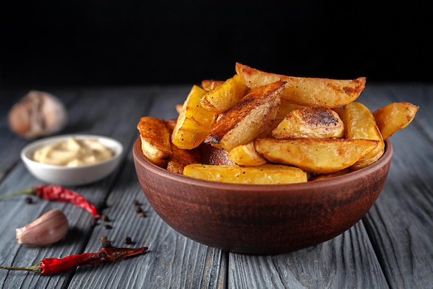 Delicious baked potatoes with rosemary and thyme in a ceramic plate closeup