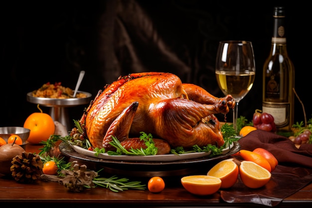 Delicious baked turkey on a wooden table A delicious Thanksgiving dinner