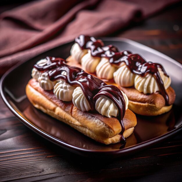 Photo delicious banana mousse eclairs featuring delicate choux pastry filled with cream and drizzled with