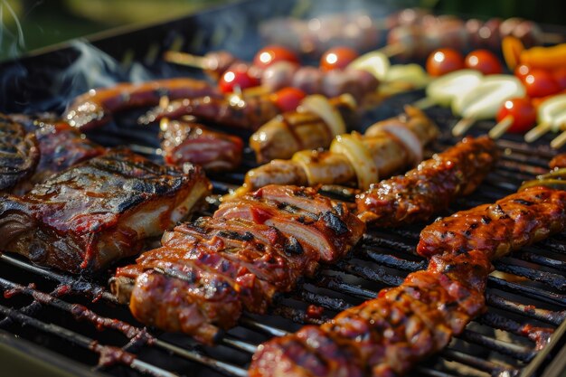 Delicious barbecue grilling outdoors on a sunny day