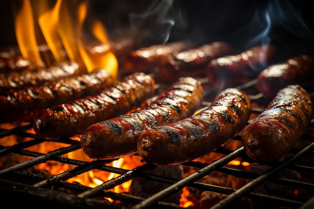 Delicious Bavarian sausages are grilled on coals A flame breaks through the grate