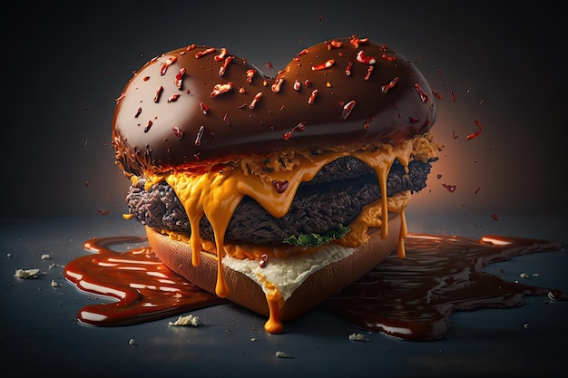 Delicious bbq heart shaped burger with beef and melted cheese