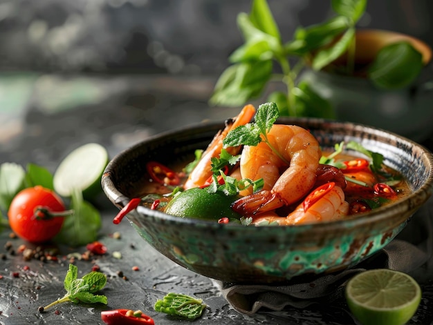 Delicious beautiful fresh Tom Yum exquisite decor staged professional photography