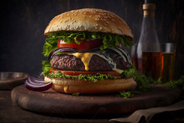 delicious beef burger with cheese and salad dark background and contrast lighting