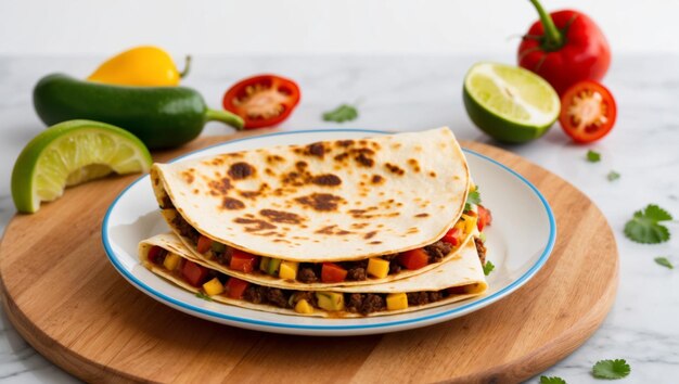 Photo delicious beef quesadilla with fresh vegetables and lime garnish